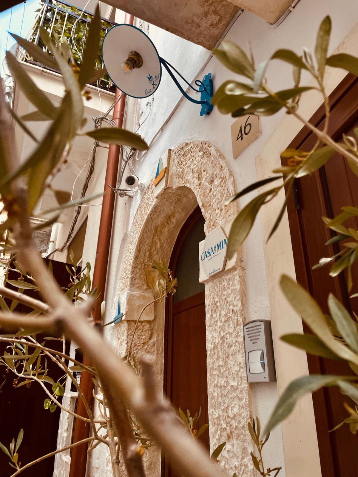 Un ramo d’ulivo davanti alla facciata in pietra con un arco