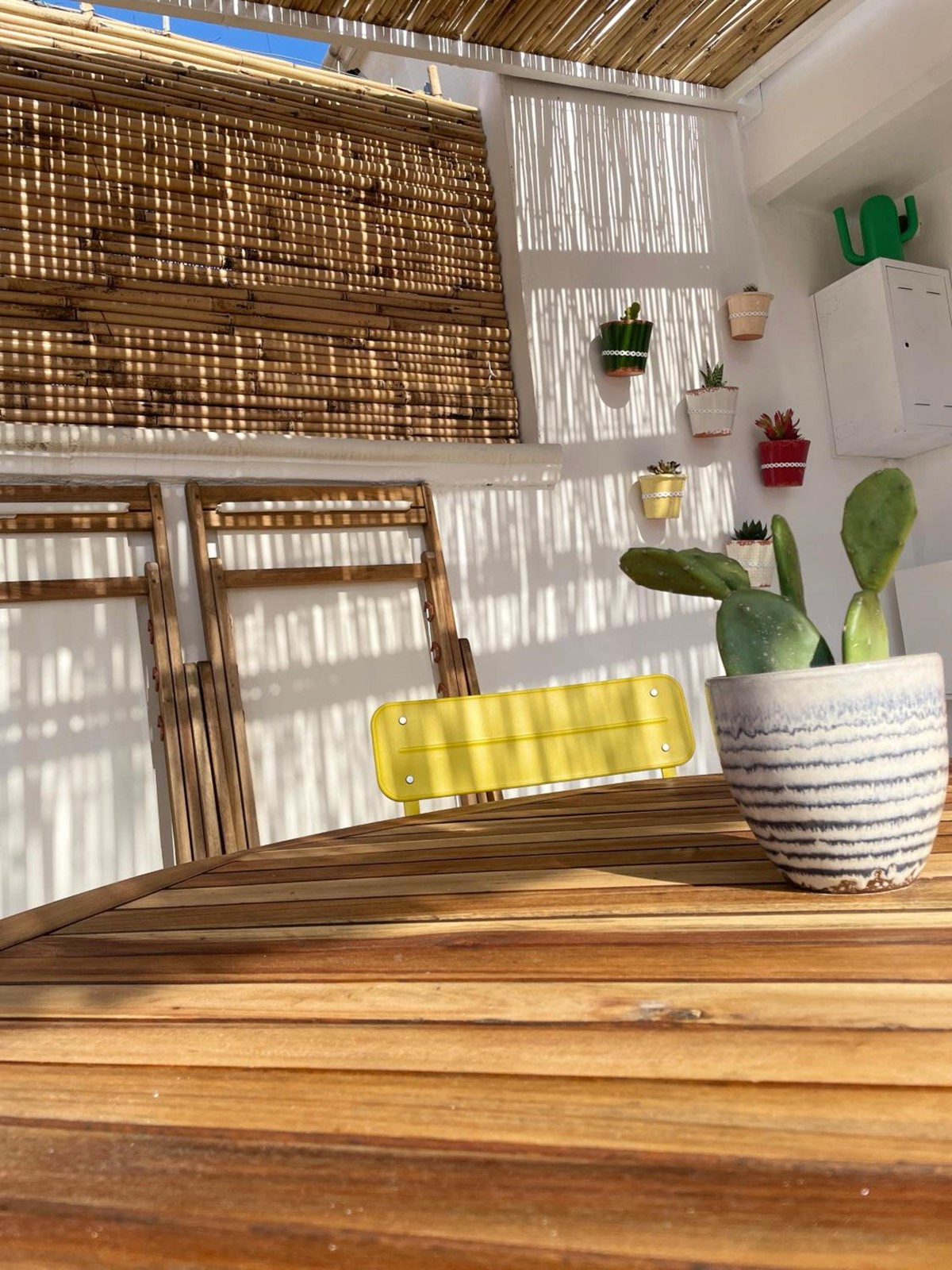 Un tavolo di legno all’aperto, un cactus e le stuoie di canne